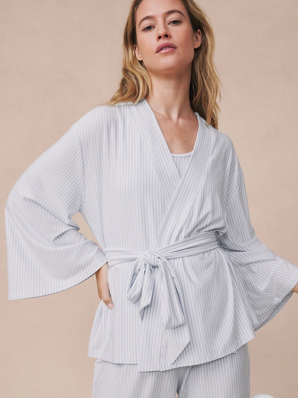 LAKE Maternity Kimono Top & Pants Pajama Set Blue Stripe Medium NWOT